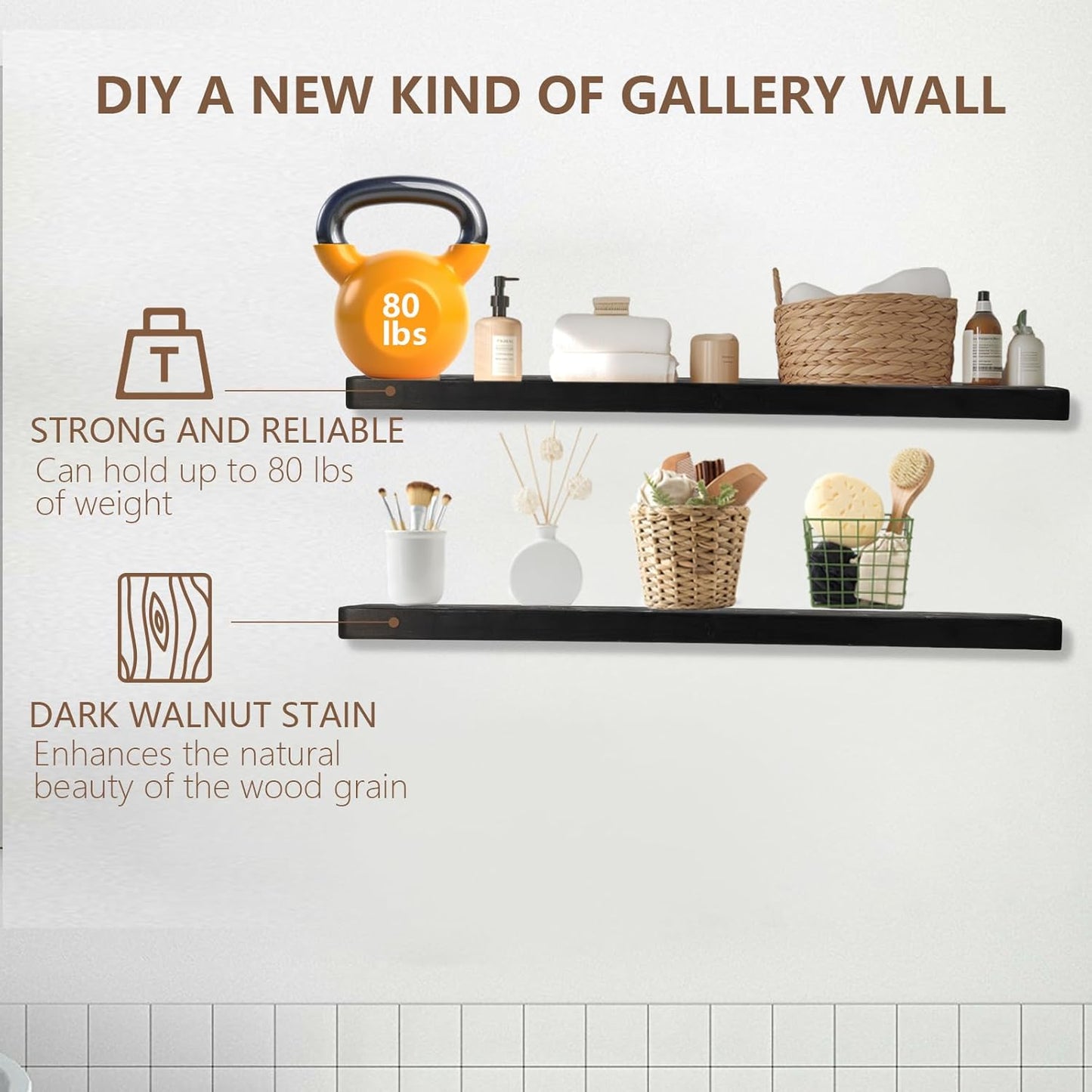 Solid Wood Floating Shelves Set of 2 - Natural, Warp & Crack Resistant 23.62 Inch Wall Shelf with Invisible Brackets Thicker, More Durable for Bathroom, Bedroom, Kitchen, Living Room (Black, 23.62)