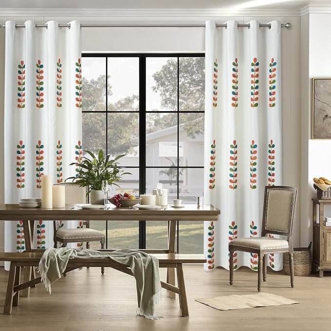 VOGOL Country Style Grommet Curtains, Colorful Leaf Pattern Window Curtain for Kitchen Windows, Faux Linen Thermal Insulated Drapes for Living Room