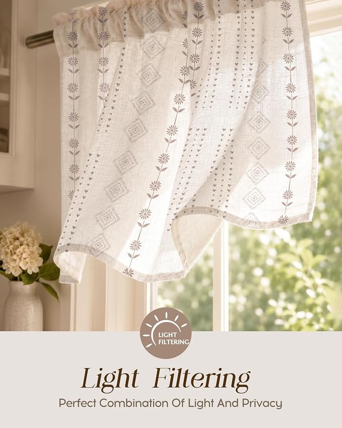 Miss Adola Valance Curtain for Windows - 16 Inch Linen Blend Farmhouse Beige Striped Valance for Kitchen Living Room Bedroom Bathroom Boho Short Curtain with Rod Pocket, 1 Panel