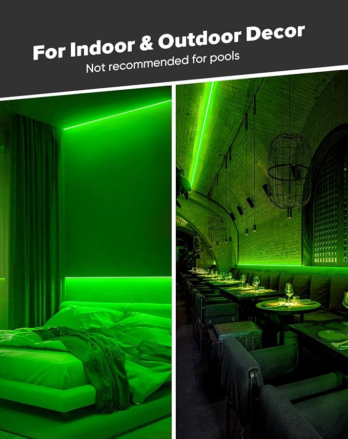 Shine Decor COB LED Rope Light AC 120V, 800lm Ultra Bright, IP65 Waterproof Cold-Resistant ETL Neon Strip, No Driver Tape Lighting for Home Commercial 10x4.5mm, Green, 16.4ft