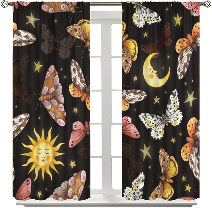 Sun Moon Blackout Window Curtains, Watercolor Butterflies Starry Moths Art Pattern Print Window Drapes, for Living Room Bedroom 52x84in 2 Panels