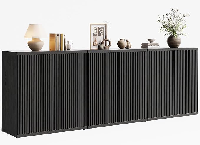Fluted Buffet Cabinet Sideboard with Storage,Wooden Credenza with 2 Doors&Adjustable Shelve, Modern Accent Cabinets Coffee Bar Bookcase for Living Room,Kitchen Dining Room Entryway 15" D