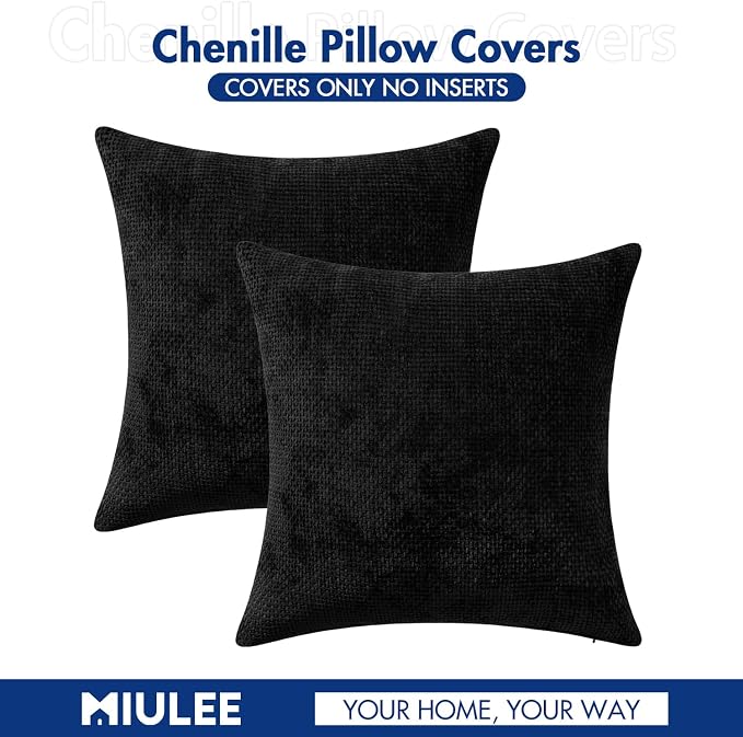 MIULEE Pack of 2 Couch Throw Pillow Covers 18x18 Inch Black Modern Boho Accent Decorative Pillow Covers Soft Chenille Farmhouse Cushion Covers for Home Decor Bed Sofa Living Room