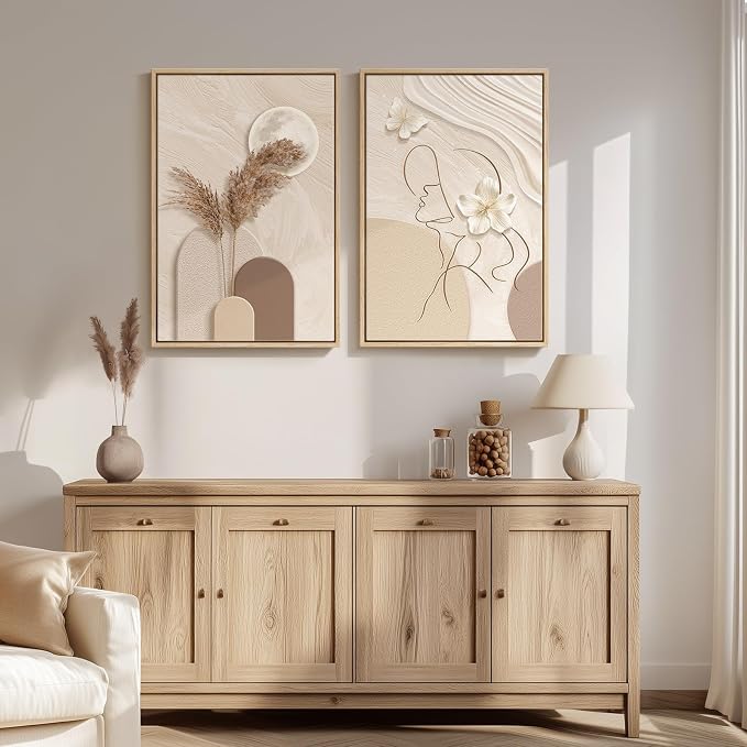 Large Framed Neutral Abstract Wall Art for Living Room, Set of 2 Modern Warm Beige and Taupe Canvas Artwork for Walls, Woman Silhouette Paintings Prints Wall Decor for Bedroom Home Office, 20x30 Inch