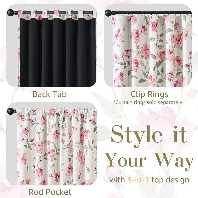 jinchan Pink Curtains Floral Blackout Curtains 96 Inch Length Watercolor Rose Cottagecore for Bedroom Living Room Room Darkening Drapes Romantic Vintage Decor Rod Pocket & Back Tab 2 Panels