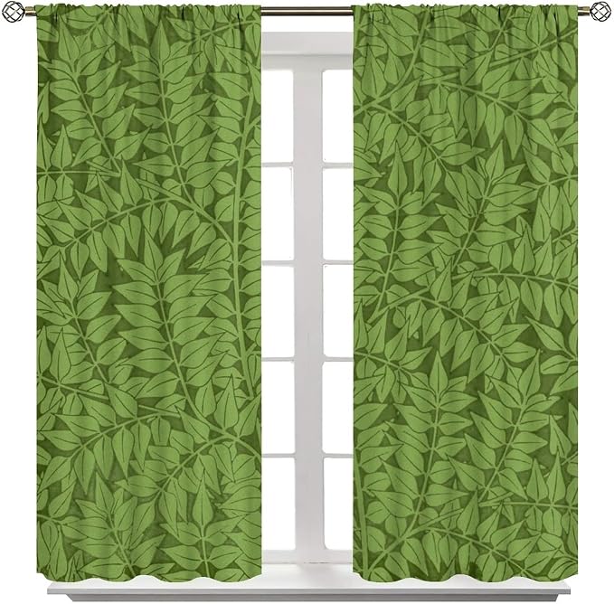 Bohemia Retro William Morris Art Blackout Window Curtains, Flowers Foliage on Green Background Curtains, for Living Room Bedroom 27.5(W)*63(L) 2 Panels