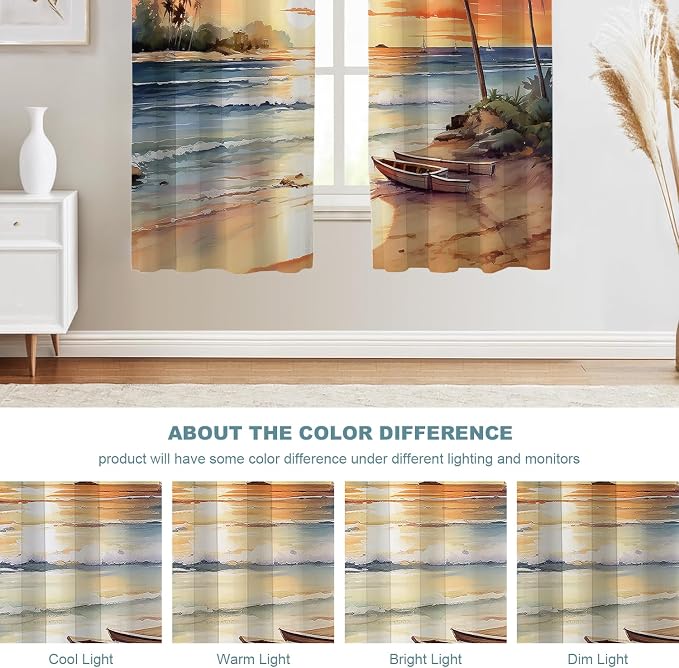 Shrahala Sunset Beach Thermal Insulated Blackout Window Curtains, Tropical Seaside Scene Long Drapes for Bedroom/Living Room with Plastic Grommet, 52X63 Set of 2