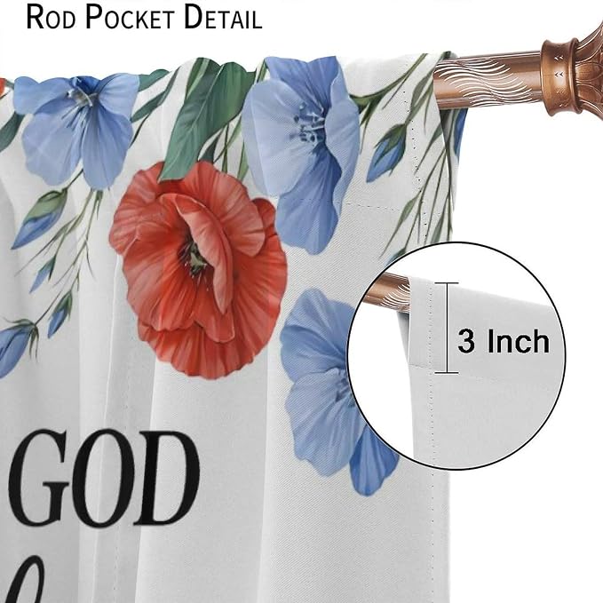4th of July Curtain,Red Blue Floral Patriotic Independence Day Drapes for Bedroom Living Room Kitchen Window Treatment 2 Panels Set Total Size 52" W X 84" L Inch