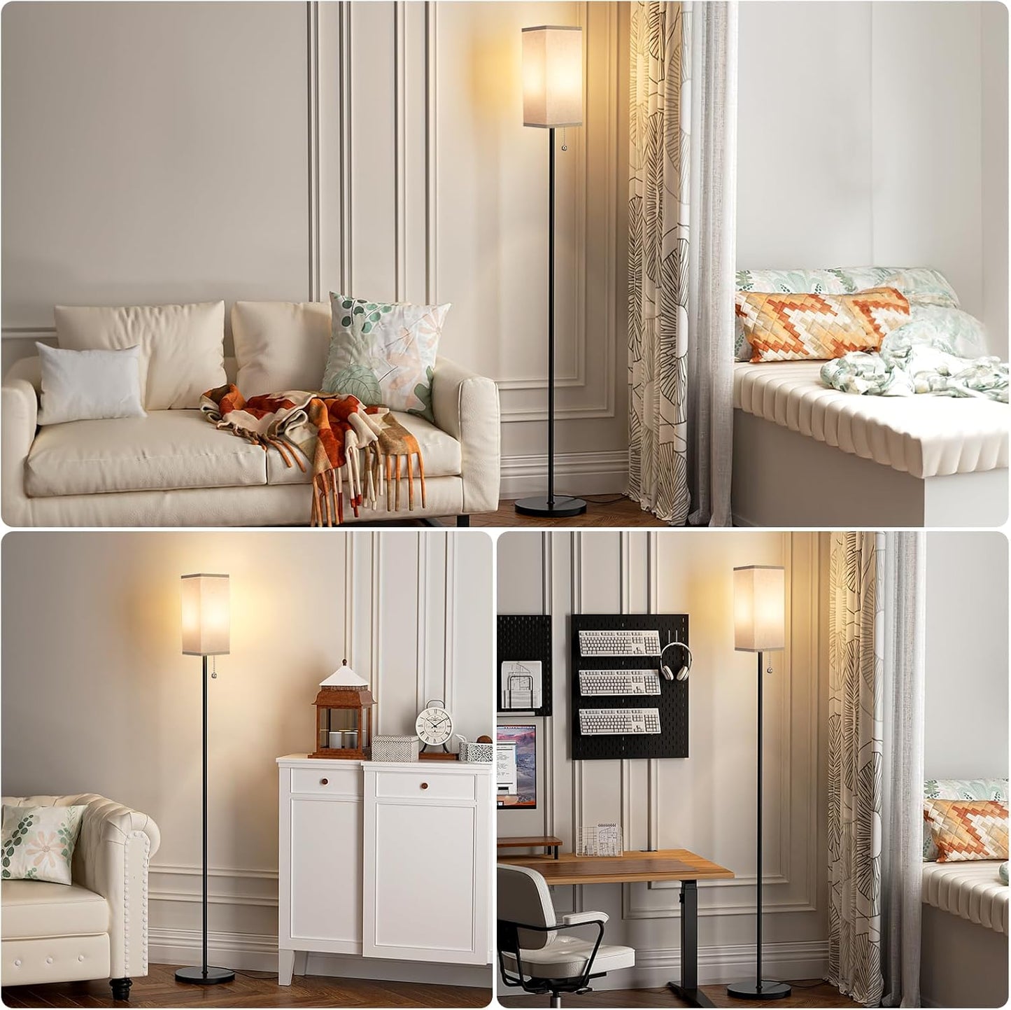 Ambimall Floor Lamp with 3 Color Temperatures Bulb & Pull Chain Switch, 64" Standing lamp, Beige Square Shade & Black Pole