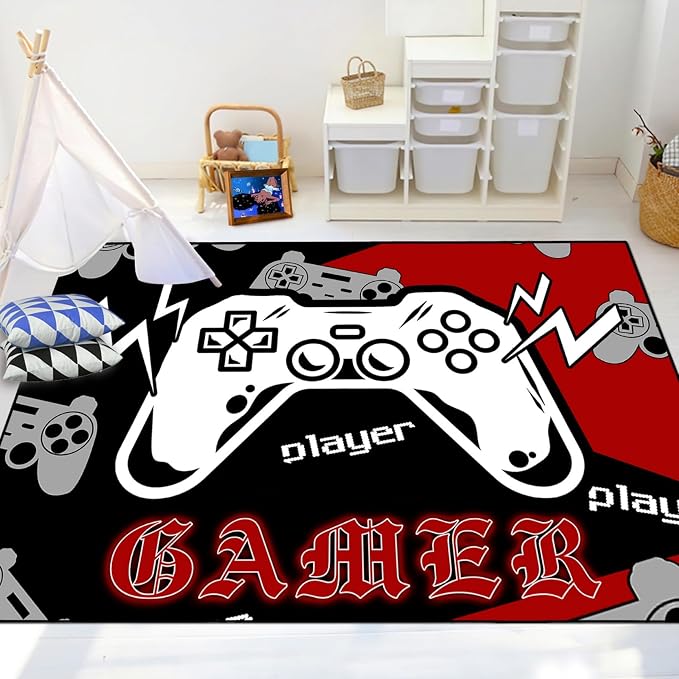Gaming Rug, Gamer Rugs for Bedroom Boys Player Room Decor, Game Area Rugs for Room, Video Game Carpets Decor for Dining Living Room Mats Black Red, 4'x5'