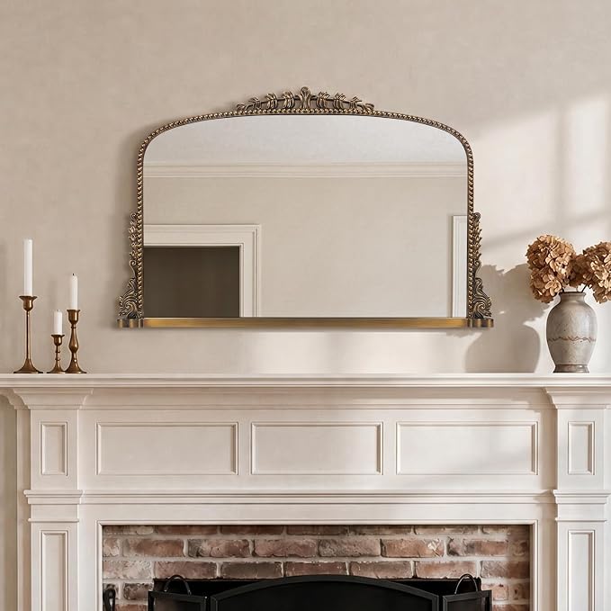 Vintage Baroque Arched Mirror - Traditional Ornate Antique Brass Wood Frame - 36"X23" - Ideal for Entryway, Fireplace, Living Room, Hallway, Bathroom