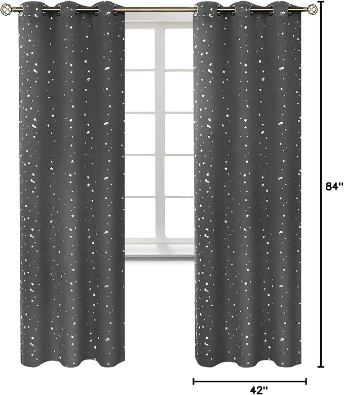 BGment Kids Blackout Curtains for Bedroom - Grommet Thermal Insulated Silver Star Print Room Darkening Curtains for Living Room, Set of 2 Panels (42 x 84 Inch, Dark Grey)