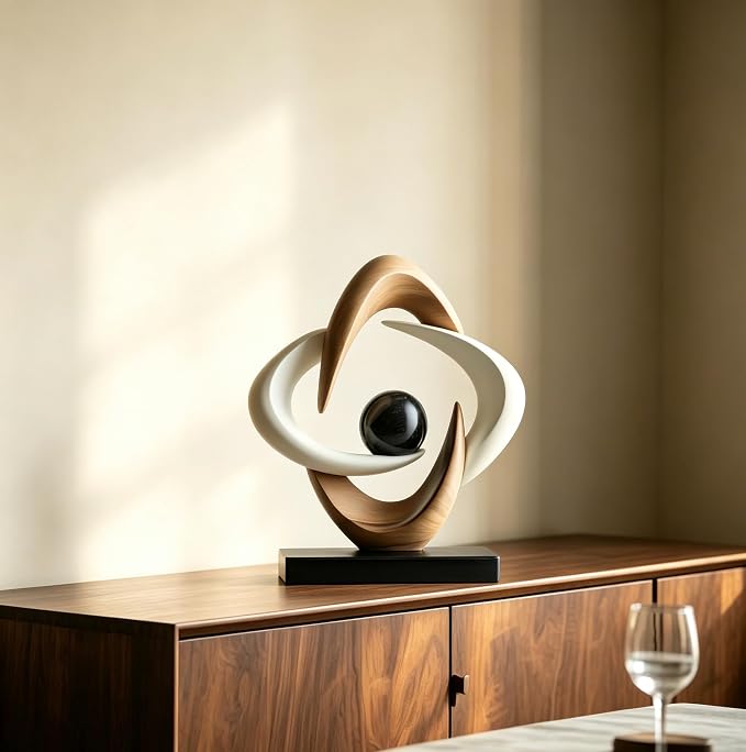 AWNR Gold Abstract Sculpture House Decor Aesthetic - Home Décor Accents for Nightstand, Shelves, Dining Room, Entryway Table, Office, Desk Accessories (White and Wood Color C)