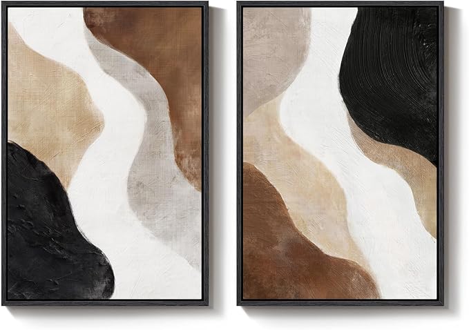 Large Framed Neutral Abstract Wall Art Set of 2 for Living Room, Brown Black White Minimalist Print Canvas Artwork for Walls, Contemporary Mid Century Modern Wall Decor for Bedroom Office, 24x36 In