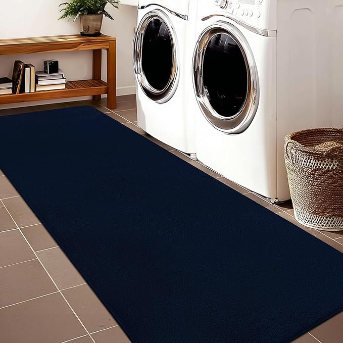qulint Navy Blue Runner Rugs for Hallway 2x6, Modern Non Slip Washable Runner for Kitchen Soft Thickened Memory-Foam Indoor Entryway Rug, Minimalist Solid Carpet for Bedroom Laundry Home Decor