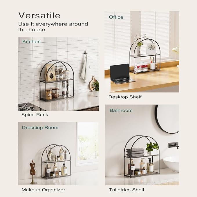 Crofy 2-Tier Arched Wall Shelf with Black Frame & Transparent Shelves | Sturdy Tempered Clear Glass Shelves with Ample Storage Space; Decor for Living Room, Bath, Kitchen, Vanity & Home Office