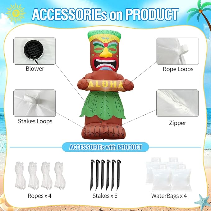 DomKom 5FT Tiki Luau Inflatables, Tiki Hold Sign Board with Aloha, Hawaiian Summer Tropical Beach Blow up Party Decor Party Giant Yard Decoration, Outdoor Built-in LED Lights Lawn Holiday Outside