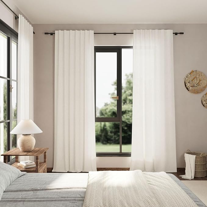 Nanspring Beige White Linen Curtains 80 Inch Length for Doorway Back Tab and Rod Pocket Semi Sheer Light Filtering Curtains Coastal Room Decor for Living Room Bedroom 40 x 80 Inch, 2 Panels