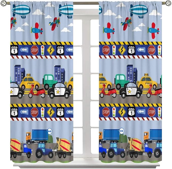 Cartoon Cars Curtain,Kids Boys Aircraft Vehicles Road Clouds Print Window Treatment Curtains for Kitchen Bedroom Cafe Dining Room Office Living Room Drapes, 52x96 in