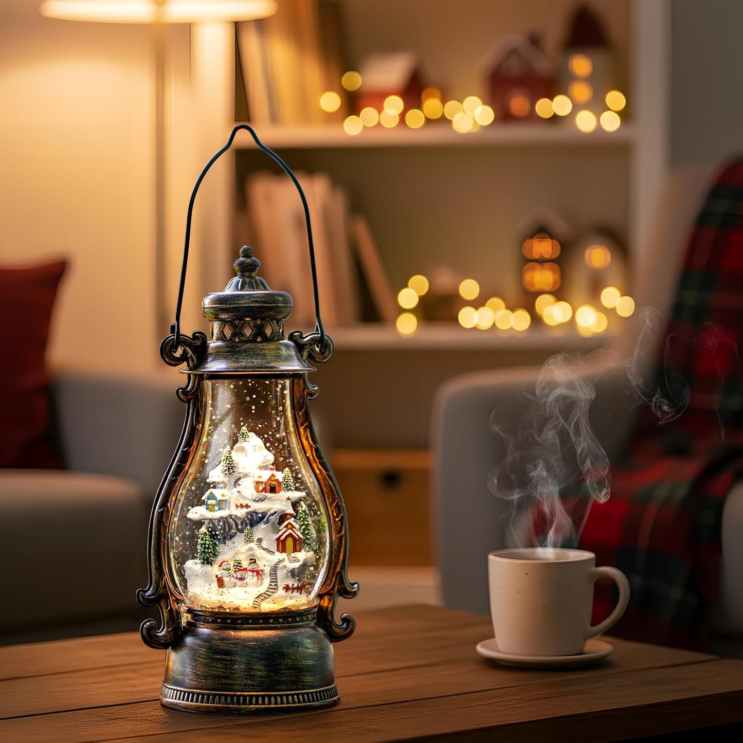 Christmas Village Buildings Tall Snow Globe Lantern Water Glittering Snowman Family with Music & Timer, USB Lined/Battery Operated Lighted Lantern for Christmas Festival Decoration Gifts