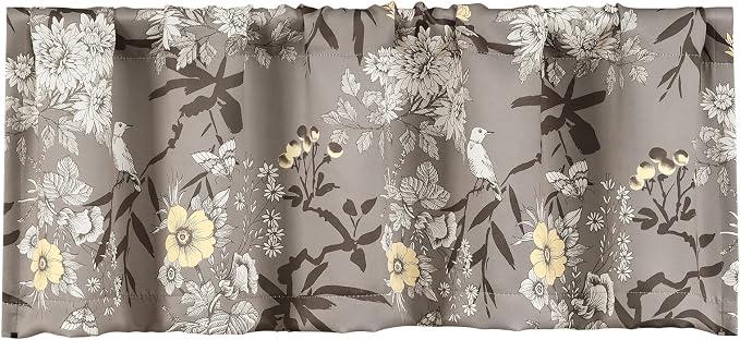 Lush Decor Botanical Garden Curtains Floral Bird Print Light Filtering Window Valance Drapes for Living, Dining, Bedroom, Gray, 52"W x 18L"