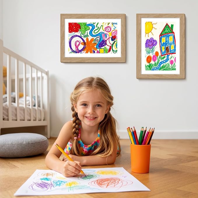 2 Pack Kids Art Frames 9x12 Inch Kids Artwork Flip Frame Changeable for Picture Display, Children School Drawing Projects Storage, Horizontally Vertically Wall Hanging, Front Opening, Wood