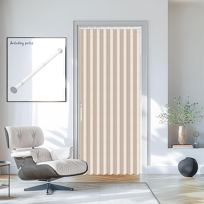 AJAZZ Set: Curtain Rods No Drilling (28-39" W) & Accordion Door Curtain, Beige 42W×78" L, Accordion Doors for Closet Doorway Room Divider