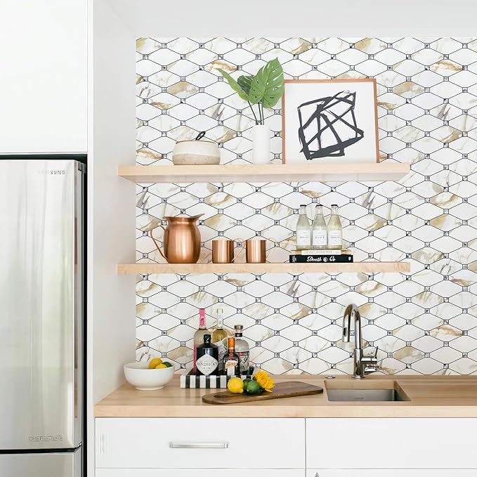 STICKGOO 10 Sheets Peel and Stick Backsplash, Calacatta Golden Stick on Mosaic Tiles for Kitchen Wall Decor, Self Adhesive Long Hexagon PVC Tile Kitchen Backsplash