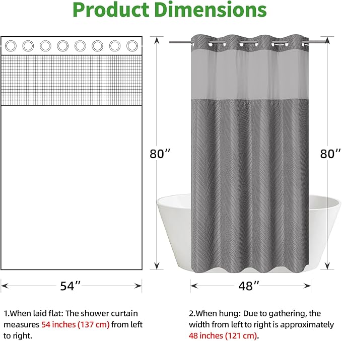 eachope stall no Hook Tufted Shower Curtain with snap in Liner Set, White Waterproof Fabric Inner Liner,Boho Style Shower Curtain with See Through top Window, WarmGrey, 54Wx80H