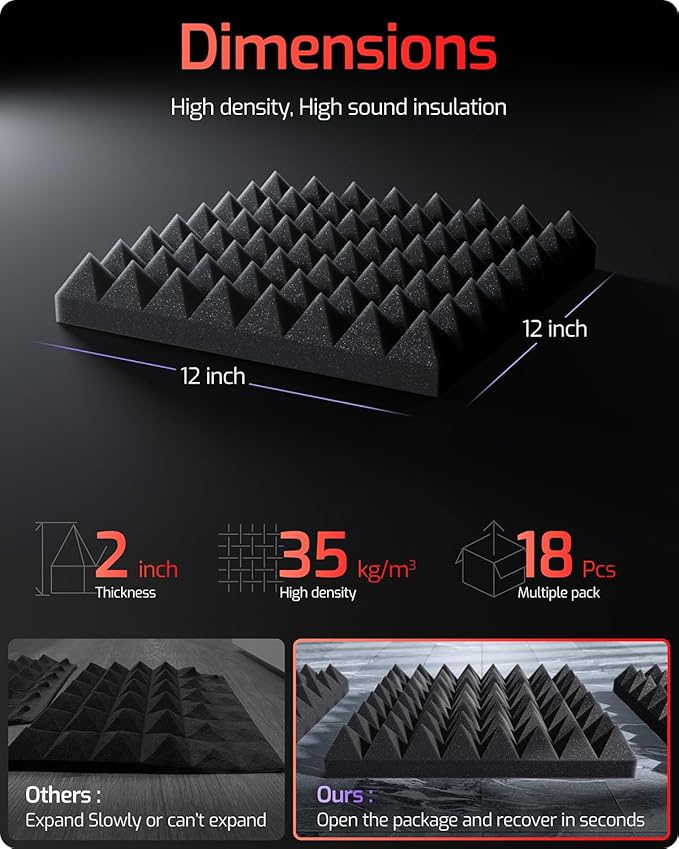 Acoustic Panels 18 pack Pyramid Self-Adhesive Upgrade,2"X12"X12" Sound Proof Foam Panels for Walls Quickly-Expand,Acoustic Wall Panels High Density Sound Absorbing for Gaming&Studio Decor,Black