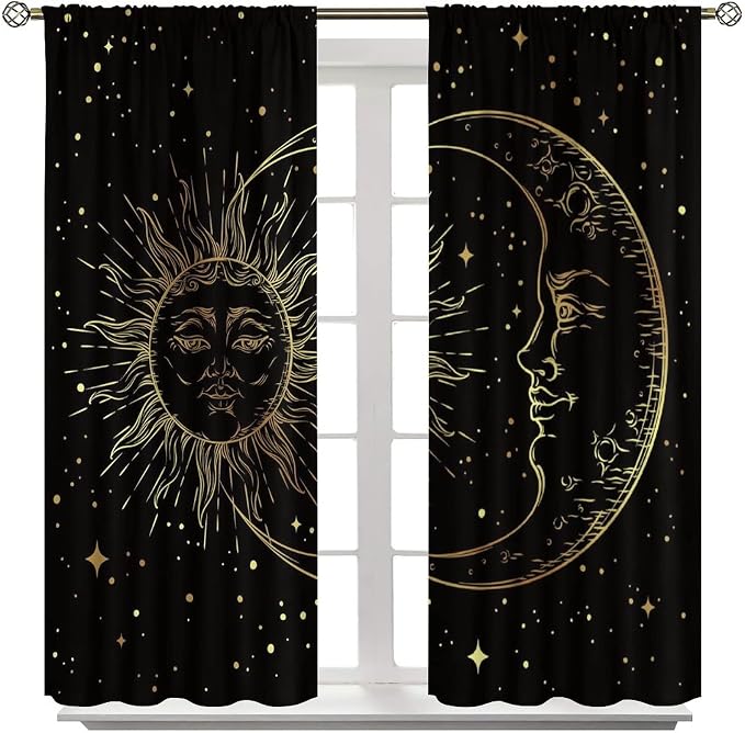 Gold Sun and Moon Blackout Windows Curtains, Fantasy Mandala Bohemian Universe Galaxy Printed Curtains, for Living Room Bedroom 72x63in 2 Panels