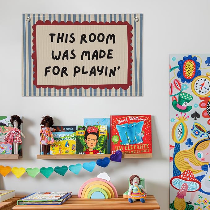 Playroom Decor Wall Banner "This Room Was Made For Playin'" 20x30 Inch - Nursery Canvas Art, Kids Bedroom Hanging, Linen Toddler Play Area Sign, Children's Canvas Flag Decor - Vintage