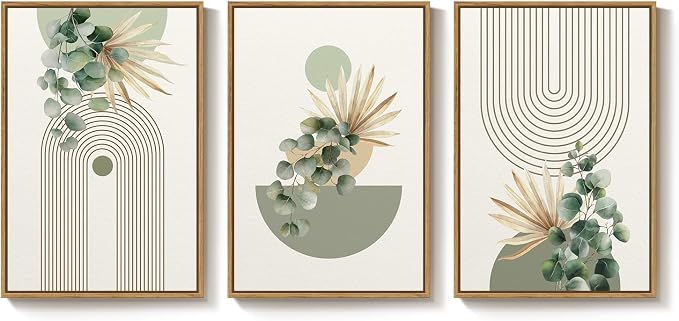 Framed Green Boho Wall Art for Living Room, 3 Piece Bohemian Botanical Canvas Painting Prints, Modern Geometric Eucalyptus Leaf Large Pictures for Bedroom Dining Room Office Wall Decor, 16x24 Inch
