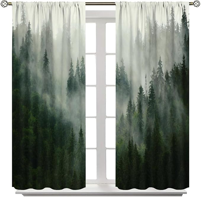 Forest Curtains, Nature Green Spring Foggy Mountain Peaks Vibrant Forest Plants Trees Blackout Window Treatments, Thermally Insulated Drapes for Kids Boys Girls Living Room Bedroom 42x63in