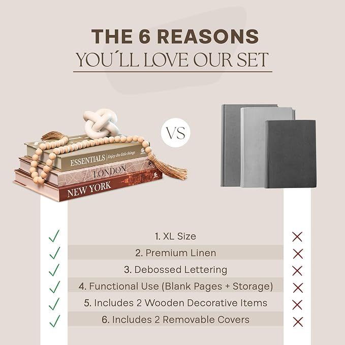 JULZEN Linen Decorative Books for Home Decor - Aesthetic Set of 3 Beige Fake Books for Coffee Table Decor with Faux Book Box Storage, Wood Knot & Bead Garland - Neutral Living Room Decoration