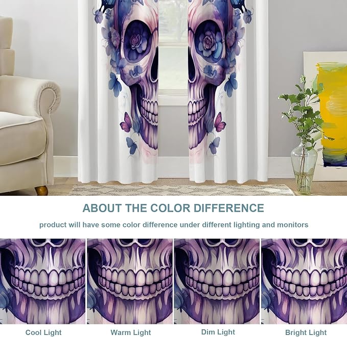 Shrahala Halloween Watercolor Skull Thermal Insulated Blackout Window Curtains, Purple Blue Gothic Butterflies Flowers Long Drapes for Bedroom/Living Room with Plastic Grommet, 52X84 Set of 2