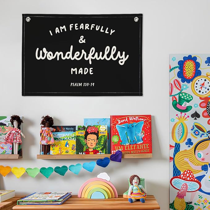 Kids Room Decor - Bible Verse Wall Hanging, 'I am Fearfully and Wonderfully Made' Linen Banner, Canvas Decoration for Classroom, Nursery - Black