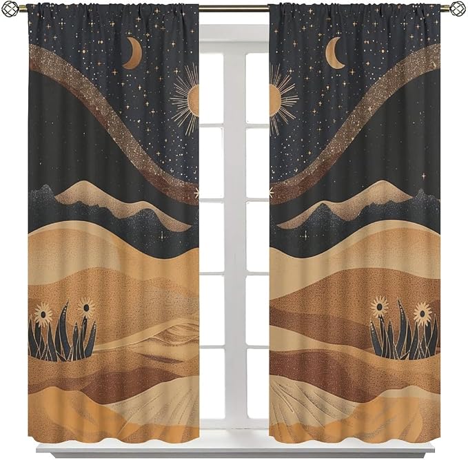 Sun Moon Blackout Curtains, Vintage Country Abstract Mid Century Desert Landscape Window Drapes, for Bedroom Living Room 72" W X 63" L