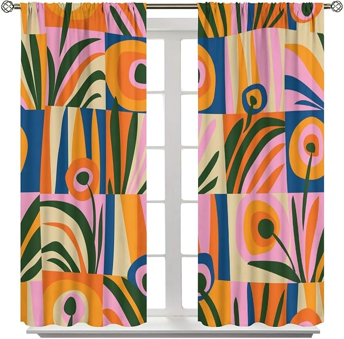 JESTRONRY Mid Century Boho Curtains, Modern Abstract Cute Retro Floral Vintage Checkered Flower Print Blackout Window Door Curtains for Bedroom Living Room Home Decor 55x63in