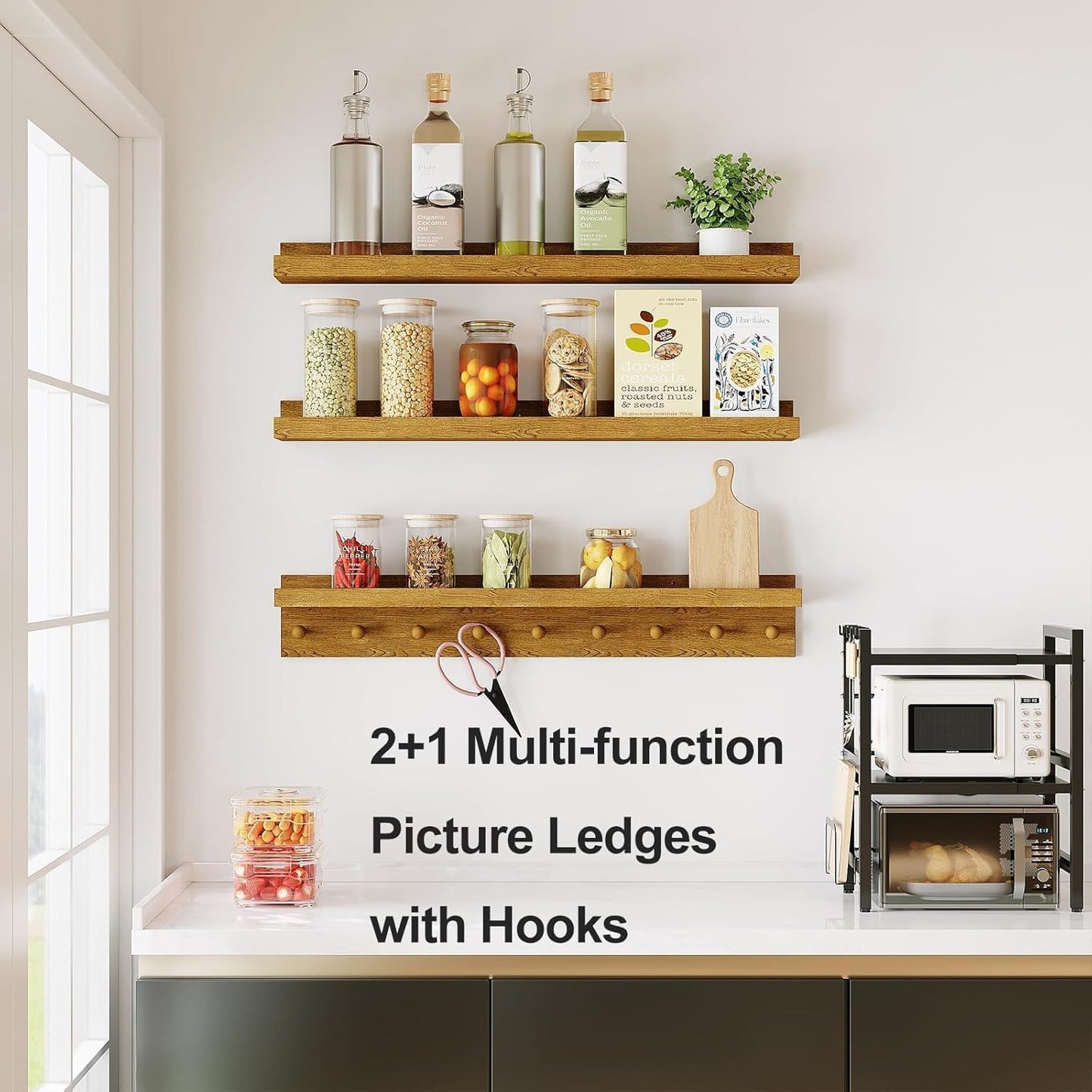 MBYD Floating Shelves 36 Inch, Nursery Book Shelves for Kids Room, Hanging Bookshelf with Hooks Set of 3, Light Walnut Wood Picture Ldge Shelving, Kitchen Wall Shelf Spice Rack for Bedroom Bathroom