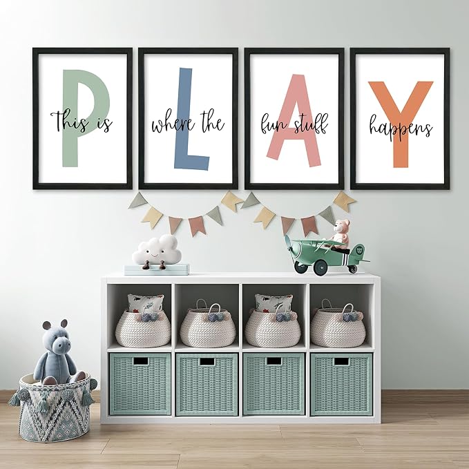 This Is Where Fun Stuff Happens Kids Playroom Wall Decor PLAY Quote Art | Motivational Prints for Nursery, Black Wood Frame, Set of 4, 16x24 Inches , Let's Play Sign for Toddler Boys, Ready to Hang