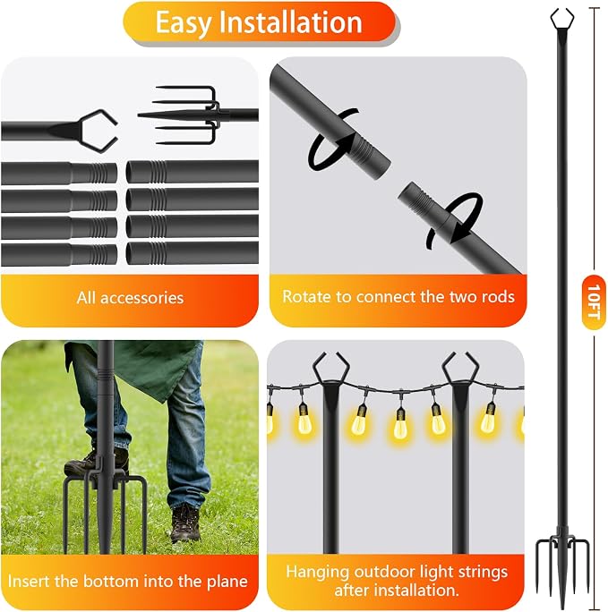 AHRLHR 8 Pack String Light Poles, Outdoor String Light Pole 10 ft Forked Metal Light Pole with Adjustable Outdoor Light Stand, Deck, Backyard, Garden, Wedding, Rustproof and Sturdy with Hooks.