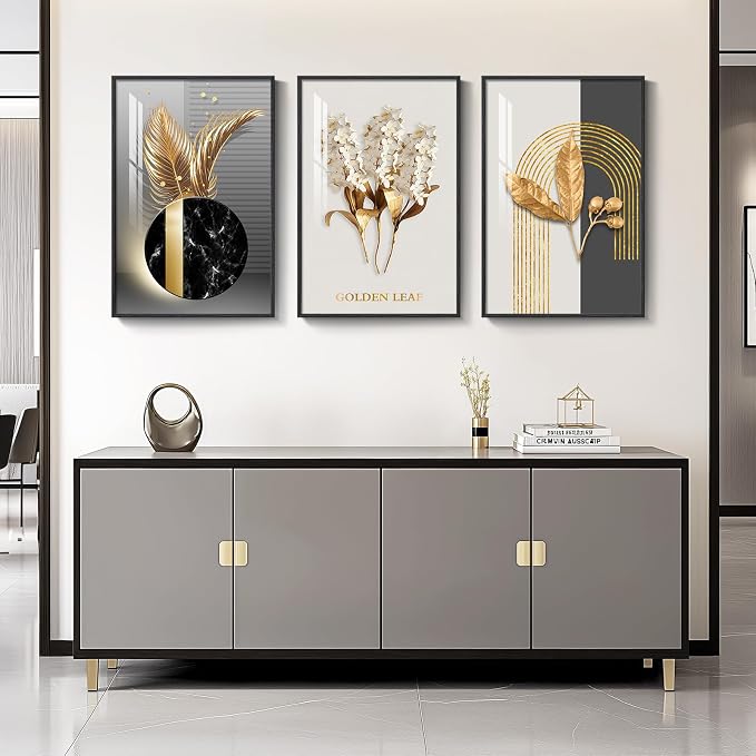 Large Framed Modern Luxury Wall Art for Living Room, 3 Piece Black White Gold Contemporary Art Prints Paintings Artwork for Walls, Big Size Wall Pictures for Hallway, Office Wall Decor 24x36 Inch