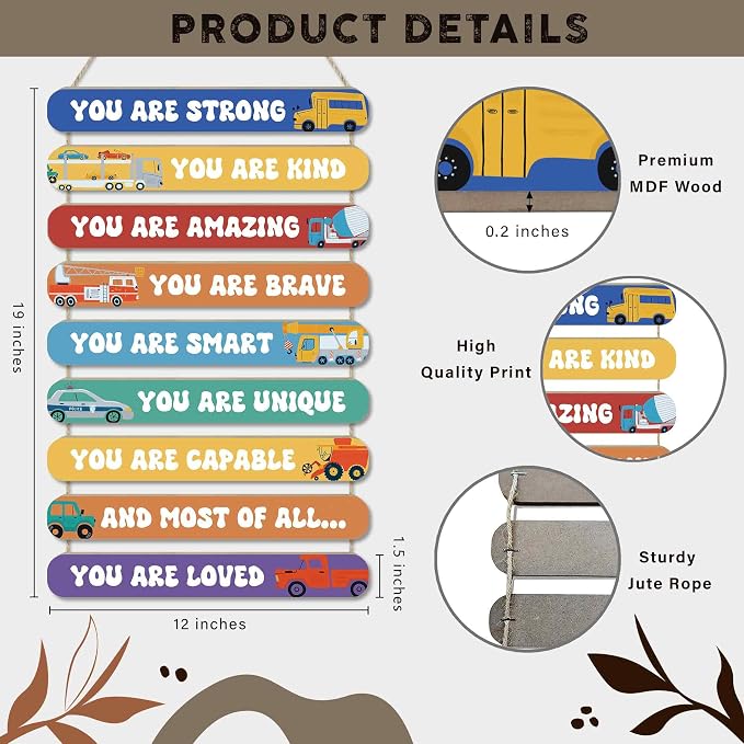 MONALET Inspirational Construction Cars Wall Art Decor for Boys Room Nursery Baby Kids Playroom Bedroom Door, Motivational Hanging Wood Signs Decorations, Positive Affirmations Wooden Plaque, 12x19