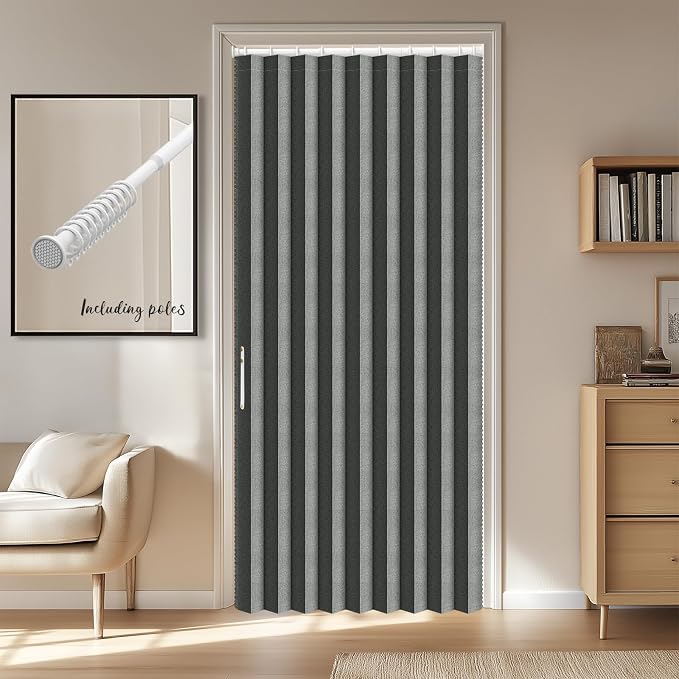 AJAZZ Blackout Accordion Door Invisible Folding Accordion Doors Interior Magnetic Door Curtain for Bedroom Living Room Doorway Curtain Sets Included Rod (1 Pack, 43W x 78 L, Dark Grey)