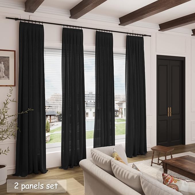 Black Semi Sheer Curtains 108 Inches Long 2 Panels Set Back Tab Loop Pocket Linen Blend Boho Large Window Drapes Extra Long Light Filtering Drapes High Ceiling Curtains for Living Room 40x108