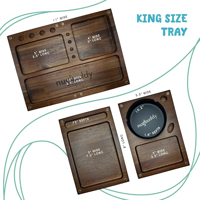 Nugbuddy Wooden Rolling Tray | 3 in 1 Folding Design Set w Magnetic Lid | Big & Small Trays + Removable Metal Tray | Portable Accessory Kit for Car Travel & Home | Premium Acacia Wood