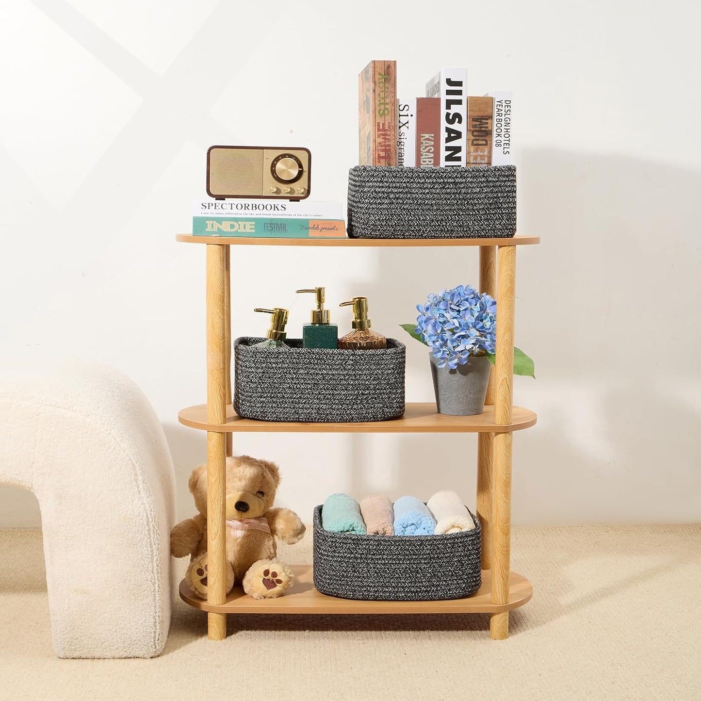 Small Storage Baskets for Organizing | Closet Organizer Bins | Shelf Toy Basket | Woven Rope Baskets | Cube Decorative Box | Shallow Basket | 11.5x7.5x4.7” | 4 Packs Dark Gray