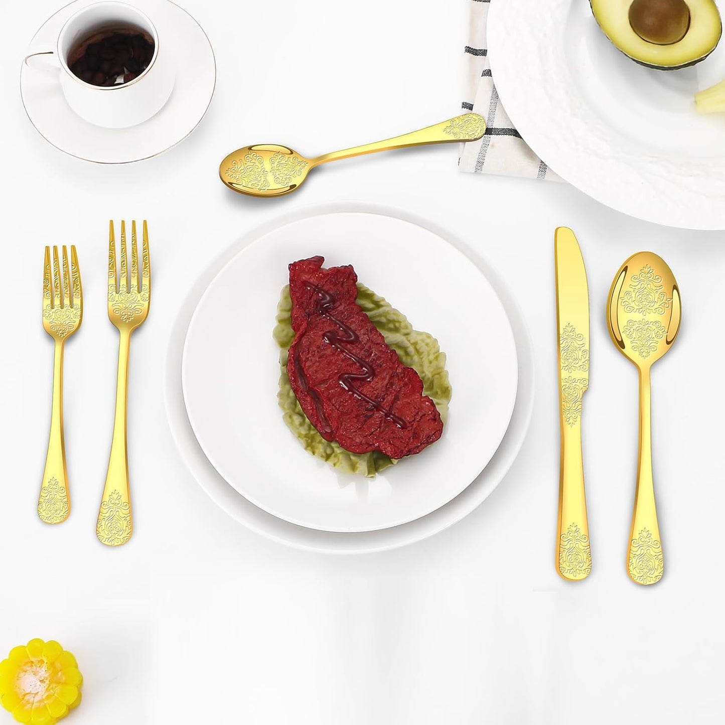 20 Pcs Gold Silverware Set for 4 with Classical Flower Embossed Design, Food Grade Stainless Steel Flatware Set, Eating Utensils Sets Include Fork/Knife/Spoon, Cutlery Set, Dishwasher Safe