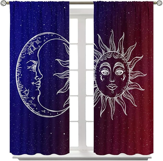 Sun Moon Blackout Windows Curtains, Burning Sun Moon Red Blue Cosmic Galaxy Bohemian Curtains, for Living Room Bedroom 72x63in 2 Panels